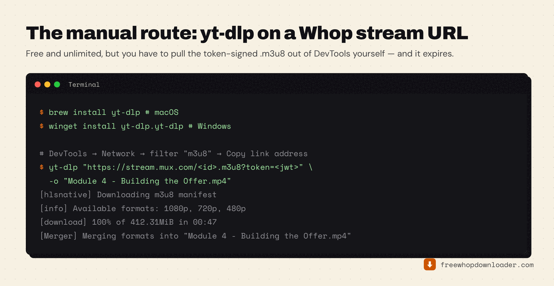Terminal showing yt-dlp installed via brew or winget, then run against a token-signed Mux m3u8 URL to download and merge a Whop lesson into an MP4